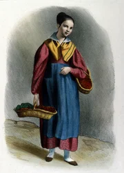 En ung omvandrende jordbærsælger. Milanesisk metiergravering af Locarno fra 1830.