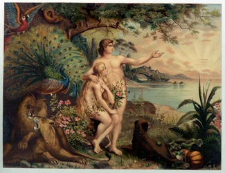 Adam og Eva au Paradise earthly (Eden) - i "" Gylden klassisk bibel: historie om guddommelig åbenbaring i den gamle og i den nye stræben "" "af Giovanni Ladislao Sykora (bd. 1), oversat af Don Clemente Benetti. (italiensk bibel)