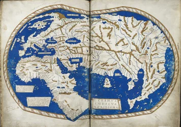 Tilføj 15760 f.68v-69 Kort over verden, fra "Insularium Illustratum", af Enrico Martello, der er en beretning om øerne, primært Middelhavet, med farvede planer, italiensk, ca. 1470 (vellum)