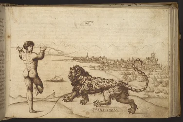 Tilføje. 82955, f.124 Menneskelig figur og et væsen (