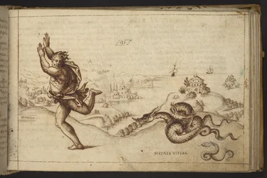 Tilføje. 82955, f.134 Menneskeskikkelse forfulgt af slanger., fra Historia Animalium
