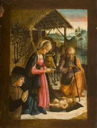Tilbedelse af barnet med portræt af donor, ca. 1500 (tempera på panel)