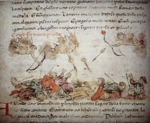 Allegorisk fremstilling af den sorte død i Europa i 1347-48, fra "Croniche del Sercambi", ca. 1400 (pen og blæk på pergament)