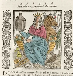 Allegori om Europa i form af en rigt klædt kvinde, kronet, omgivet af overflodshorn. Tallerken taget fra "" Iconologia"" af Cesare Ripa (1550 omkring 1622)