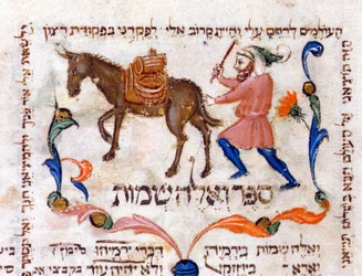 En olivenoliehandler på rejse i Toscana, illustration fra Toraen, 1398