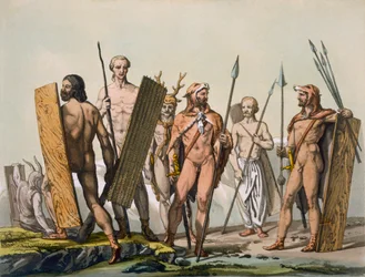 Oldtidskeltiske krigere klædt til kamp, med en shaman, ca. 1800-18
