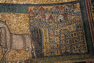 Apsis detalje, Betlehem og får (mosaik)