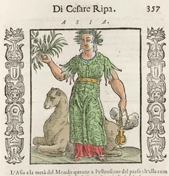 Asiatisk allegori med en kamel. Gravering fra "" Iconologia"" af Cesare Ripa (1550 omkring 1622)