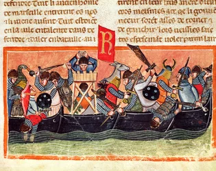 Slaget mellem romere og gallere, fra Le Vite di Dodici Cesari af Gaius Suetonius Tranquillus (ca. 75-150)