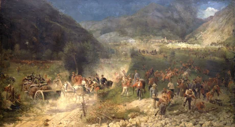 Slaget ved Bezzecca: Giuseppe Garibaldis frivillige kæmper mod østrigerne den 21/07/1866. Risorgimentos museum. Milano.