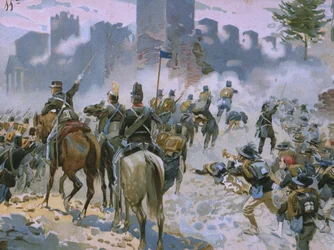 Slaget ved Solferino og San Martino, 24. juni 1859, illustration fra et album om Risorgimentos historie lavet til chokoladen Talmone, slutningen af det 19. århundrede