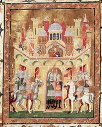 Kampscene ved Jerusalems mure, fra Descriptio Terrae Sanctae af Burcardus Theutonicus eller Burchard of Mount Sion
