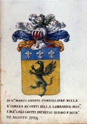 Våbenskjold fra Greppi-familien i Milano, panserhjelm, fleur-de-lis og drage. Milanos statsarkiv fra det 18. århundrede