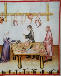 Slagtning af dyrehoveder. Belysning fra Codex Vindobonensis Series Nova 2644 (fol.76v), Tacuinum Sanitatis