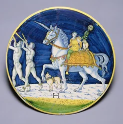 C.86-1927 Fad, der forestiller Cæsars hest fra Cæsars triumf, tilskrevet Jacopo di Pietro, italiensk, fra Caffaggiolo