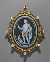Cameo portrætterer en romersk kejser som Jupiter, Cameo: Roman, A.D. 41–-54, Ramme: Italiensk, slutningen af 1500-tallet (cameo: sardonyx; ramme: guld, emalje og perler)