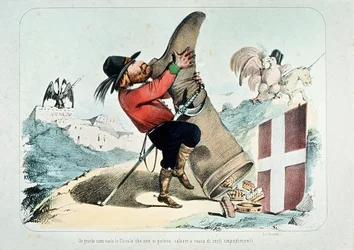 Karikatur af Giuseppe Garibaldi, der tømmer en støvle (Italien) fuld af kroner, af Litografia Perrotta