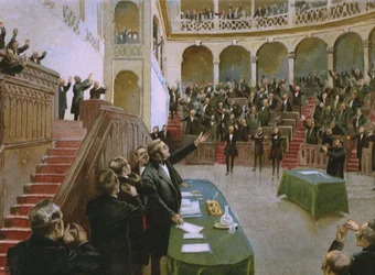 Cavour får det første italienske nationalparlament til at hylde kong Victor Emanuel 2. (1820-78) den 18. februar 1861, illustration fra et album om Risorgimentos historie, fremstillet til chokoladen