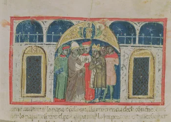 Codex Correr I 383 Freden mellem pave Alexander III (1159-81) og kejser Frederik Barbarossa (ca. 1123-1190) på Markuspladsen (pergament)