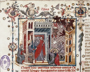 Codices Cavenses, Cod.25 f.181, Simon Magus, the Emperor Nero, and the Apostles, miniature fra Speculum Historiale, Part I, af Vincent de Beauvais, c.1320 (tempera på vellum)