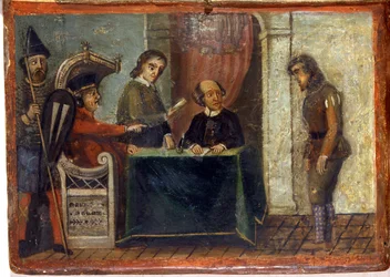 Domfældelse af en borger i overværelse af dommeren og byens repræsentanter, 1273. Statsarkivet, Siena