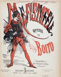 Cover af musikalsk partitur af Mefistofele opera af Arrigo (Enrico) Boito