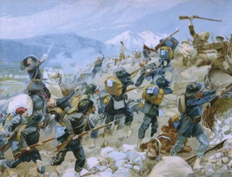 Krimkrigen og slaget ved Tjernaja, 16. august 1855, illustration fra et album om Risorgimentos historie lavet til Talmone-chokolade, sent 19. århundrede