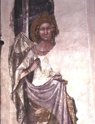 Kronet figur med et palmeblad, muligvis en engel (fresko)