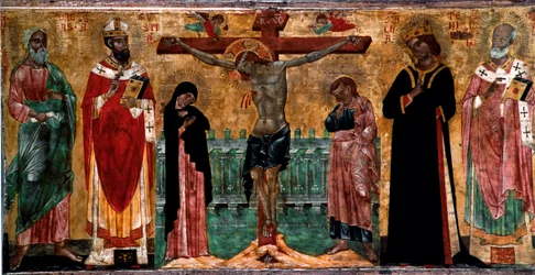 Korsfæstelse og helgener Træmaleri af anonym kunstner fra Venetos byzantinske skole. Svag. 61x113 cm Venedig, Museo Correr, n. 381