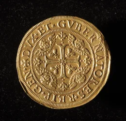 Republikkens geners valuta: 12,5 guld dobbeltmønt. Diameter 61 mm. 1656. Forside. Genes Museums of Strada Nuova (inv. 6453)