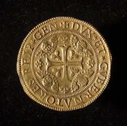 Republikkens geners valuta: 12,5 guld dobbeltmønt. Diameter 61 mm. 1656. foran. Genes Museums of Strada Nuova (inv. 6456)