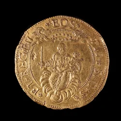 Republikkens geners valuta: 20 dobbelt guld. Diameter 58 mm. 1645. Tilbage. Strada Nuovas genermuseer