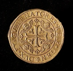 Republikkens geners valuta: 20 gulddoppie. Diameter 58 mm. 1645. Forside. Genes Musei di Strada Nuova (inv, M7097)