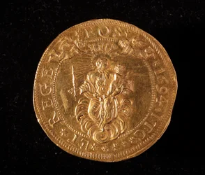 Republikkens geners valuta: 25 dobbeltmønter i guld. Diam.52,5 mm. 1694. Tilbage. Genes Museums of Strada Nuova (inv. 6457)