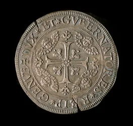 Republikkens geners valuta: ECU bred i sølv. Diam. 61 mm. 1693. front. Genes Musei di Strada Nuova (inv, M7135)
