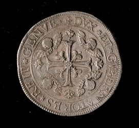 Republikken Genes valuta: fem ecu sølvmønt. Diam. 61 mm. 1693. Forside. Genes Musei di Strada Nuova