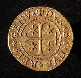 Republikken Genes valuta: dobbeltmønt med fem guld. Diameter 41 mm. 1642. Forside. Strada Nuovas genermuseer