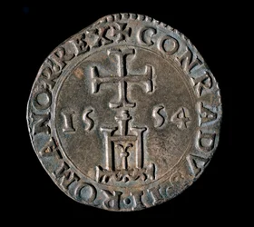 Republikkens geners valuta: sølvteston (eller testen) fra velsignelsen. Front repræsenterer Genova-portalen under et kors. 1554 Genes, Musei di Strada Nuova