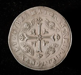 Republikken Genes valuta: seks ecu sølvmønt. Diam. 61,5 mm. 1715. Tilbage. Genes Musei di Strada Nuova (inv, M7156)