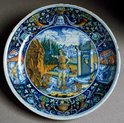 Davids triumf over Goliat. Keramiktallerken fremstillet i Faenza, Italien. Omkring 1507, Firenze, Museo Nazionale del Bargello