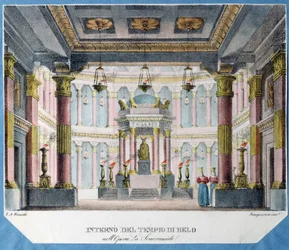Dekor til operaen La Semiramide af Christoph Gluck (1714-1787) (Scenedesign til operaen La Semiramide af Ch. Gluck). Litografi i farver, anonym, ca. 1790. Italiensk kunst, teaterdekor. Statens museum for teater og musikkunst, Sankt Petersborg.