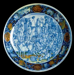 Dekoreret fad med en fremstilling af allegorien over Selene, månens gudinde i græsk mytologi. Fra Faenza, omkring 150. Firenze, Museo Nazionale del Bargello