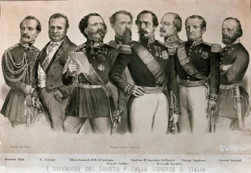 General Manfredo Fanti (1806-1855), Camillo Benso, greve af Cavour (1810-1861), konge af Sardinien Vittorio Emanuele II (Victor Emmanuel) (Victor Emmanuel), General Henry Cialdini (1811-1892), E.