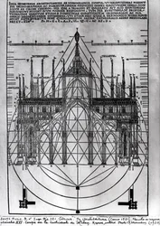 Design til katedralen i Milano, illustration fra De Architectura af Vitruvius, Como, 1521