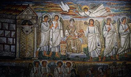 Detalje fra Scener fra Kristi første komme og Jesu barndom, mosaik af triumfbuen i basilikaen Santa Maria Maggiore, Rom, Italien, 5. århundrede