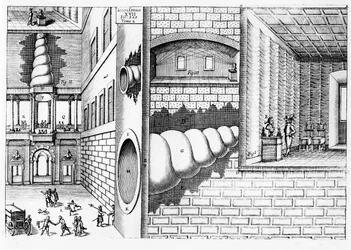 Apparat til at lytte til samtale på en piazza, illustration fra Musurgia Universalis af Athanasius Kircher (1601-80) udgivet i Rom, 1650