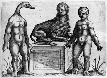 Forskellige typer menneskelige monstre: en mand med hovedet af en and, en mand med en løves krop og en anden med håndfladen. Indgravering fra "De monstrorum natura, causis et differentiis" af Fortunio Liceti (1577-1656), italiensk videnskabsmand. 1646