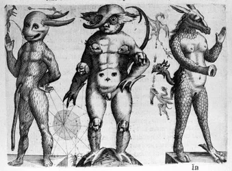 Forskellige typer menneskelige monstre med halvt menneske, halvt dyrekroppe. Indgravering fra "Monstrenes natur, årsager og forskelle" af Fortunio Liceti (1577-1656), italiensk videnskabsmand. 1646