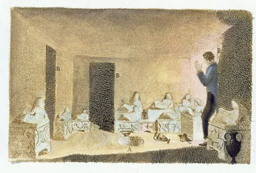 Opdagelse af etruskiske grave. illustration fra Monumenti Etruschi af Francesco Inghirami (1772-1846), udgivet på Fiesole, 1825 (farvegravering)
