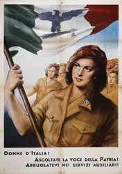 Italiens kvinder lytter til fædrelandets stemme! Meld jer til hjælpetjenester! (Italiens kvinder lytter til fædrelandets stemme! Meld jer til hjælpetjeneste!), propagandaplakat, Italien, 20. århundrede